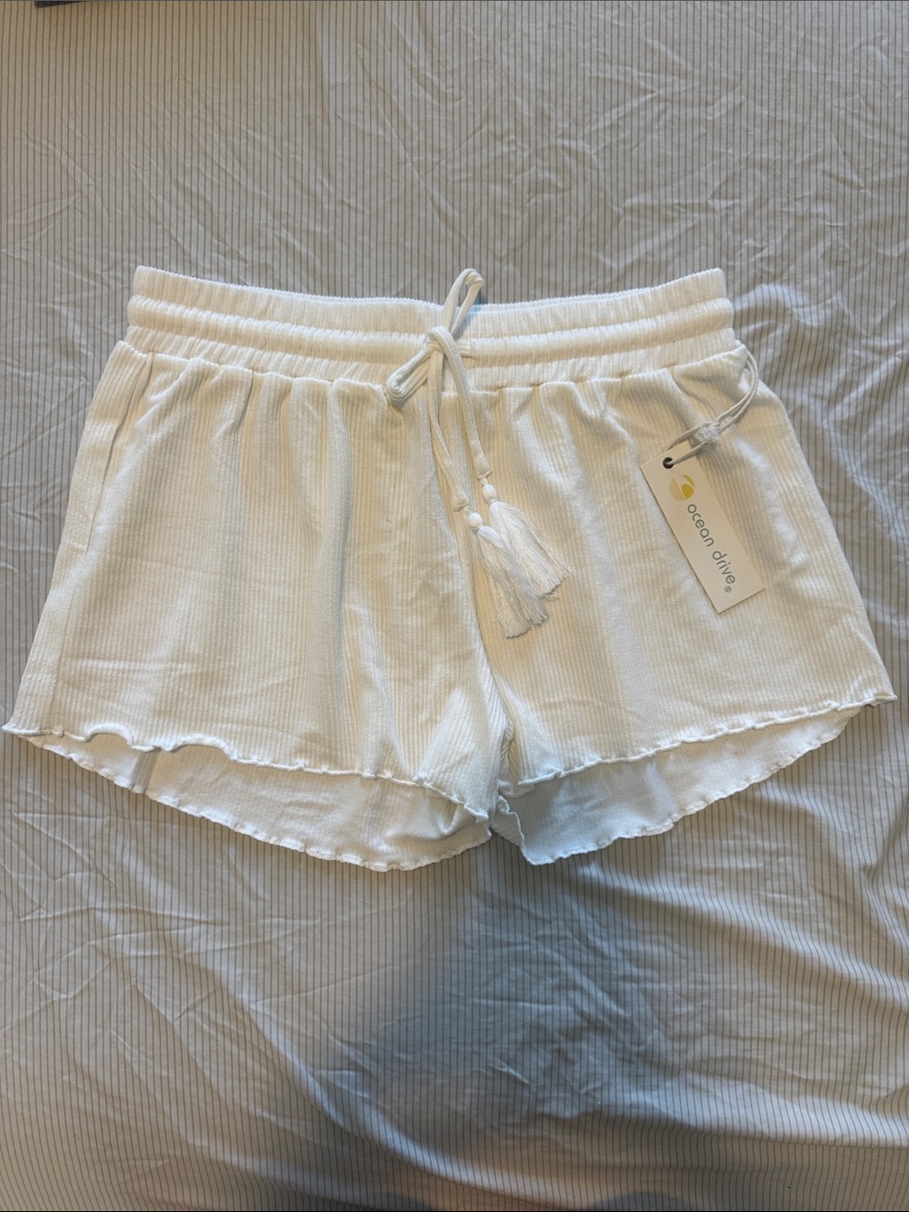Ocean Drive Cream Ribbed Tassel Drawstring Women's Shorts